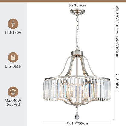Modern Crystal Chandeliers Round 6-Light Large Brushed Nickel Pendant Lighting Fixture for Dining Room Living Room Kitchen Island Bedroom Hallway 21.7" Adjustable Height Hanging Lamp