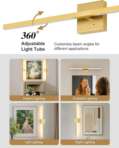 Rayogale 8000mAh Battery Operated Wall Sconce, 3000K/4500K/6000K Dimmable Gold Cordless Rechargeable Wall Sconces Set of Two with Timer Function for Living Room, Bedroom, Stairwell, 24 Inch