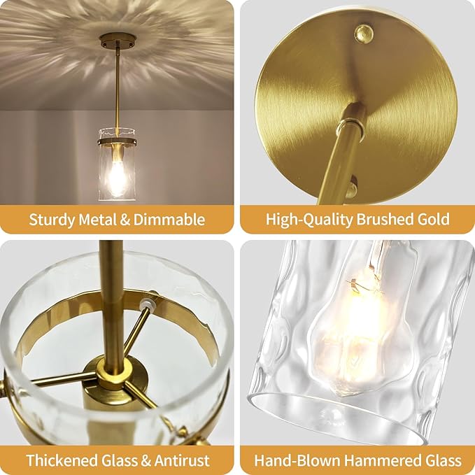 Brushed Gold Pendant Lights Kitchen Island 1 Pack Modern Hammered Glass Pendant Lighting Over Island Adjustable Kitchen Hanging Light Fixtures Mini Pendant Light for Bathroom Dining Room Hallway Foyer