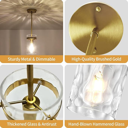 Brushed Gold Pendant Lights Kitchen Island 1 Pack Modern Hammered Glass Pendant Lighting Over Island Adjustable Kitchen Hanging Light Fixtures Mini Pendant Light for Bathroom Dining Room Hallway Foyer