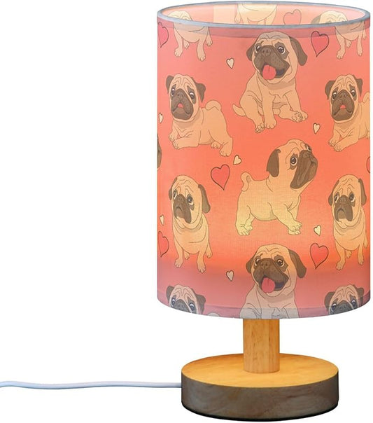 Table Lamp Pugs Puppy Heart on Pink Nightstand Lamp with Wood Base Fabric Lamp Shade Bedside Desk Lamp for Living Room Bedroom Kids Room Office
