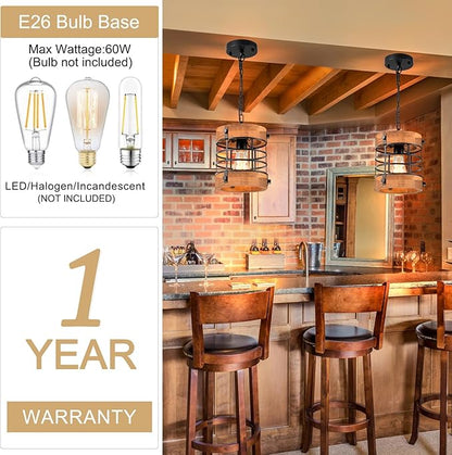Wood Pendant Light Fixtures, Rustic Farmhouse Chandelier, Dining Room Light Fixture for Kitchen Island Foyer Hallway Bar, Height Adjustable