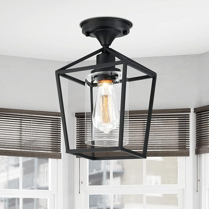 Melovom Clear Glass Semi Flush Mount Industrial Vintage Ceiling Light Fixtures, Black for Hallway, Porch, Dining Room, Kitchen