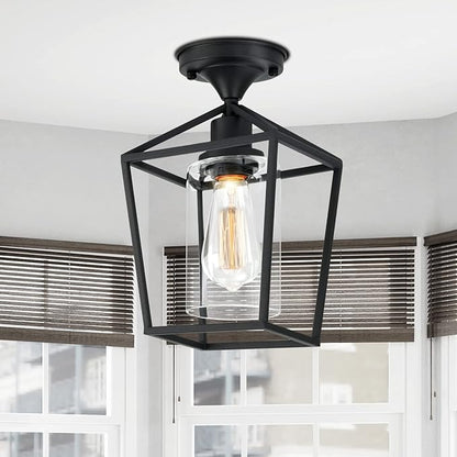 Melovom Clear Glass Semi Flush Mount Industrial Vintage Ceiling Light Fixtures, Black for Hallway, Porch, Dining Room, Kitchen