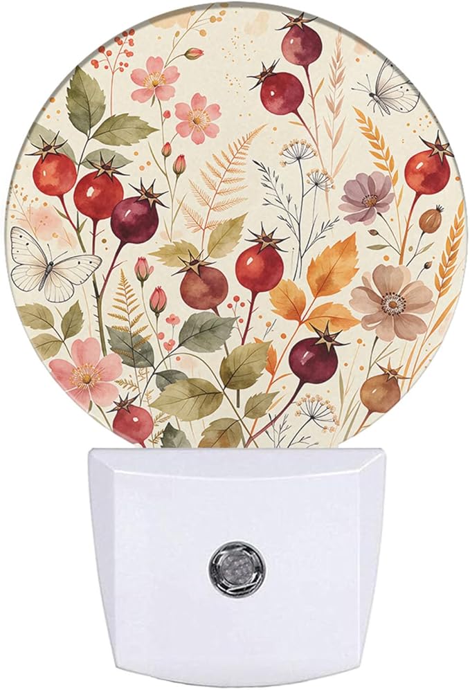 EKOBLA Vintage Flower & Butterfly Night Light, Colorful Floral Plug into Wall with Dusk to Dawn Sensor, Warm Nightlights for Bedroom, Bathroom, Hallway, Kitchen, Gifts for Girls Women