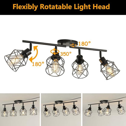 Dimmable 4 Light Plug in Ceiling Light,Black Plug in Track Lighting Kit with 16.5' Cord,Flexibly Rotatable Light Head,Modern Industrial Farmhouse Style(Bulbs Not Included)