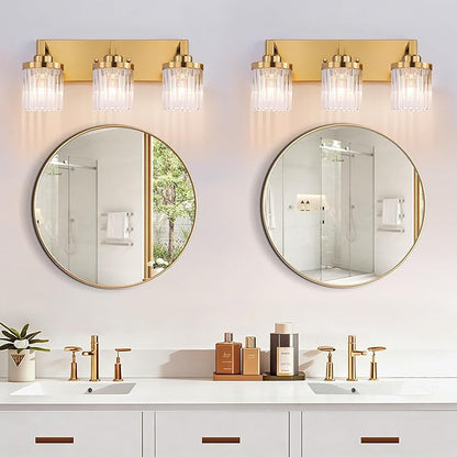 Modern Crystal Bathroom Light Fixtures, 3 Light Gold Vanity Lights, with Crystal Glass Shade, Industrial Bathroom Lighting Fixtures Over Mirror Wall Light for Bedroom Living Room