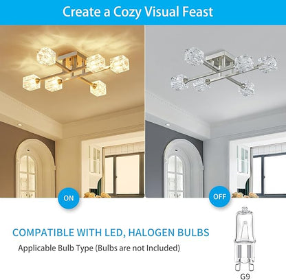 XINGQI Brushed Nickel Ceiling Light Fixture 6-Light Modern Sputnik Chandelier Semi Flush Mount Ceiling Lights for Bedroom Dining Room Living Room Entryway