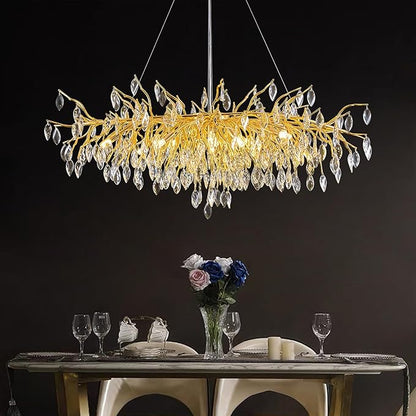 Crystal Chandeliers for Dining Room, L47.2 Gold Tree Branch Rectangular Chandelier, Dining Room Light Fixture 13-Light High Ceiling Lights, Modern Chandeliers for Foyer, Living Room