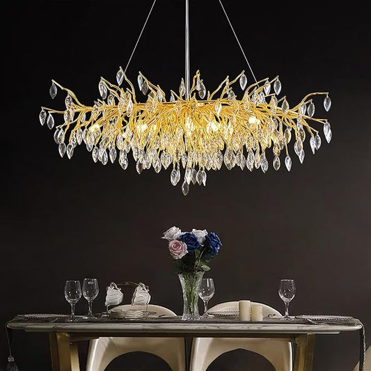 Crystal Chandeliers for Dining Room, L47.2 Gold Tree Branch Rectangular Chandelier, Dining Room Light Fixture 13-Light High Ceiling Lights, Modern Chandeliers for Foyer, Living Room
