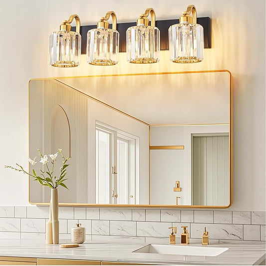 4 Light Crystal Vanity Lights for Bathroom, Modern Matte Black and Gold Wall Lighting Fixtures with Crystal Round Shade Over Mirror (Exclude Bulb)