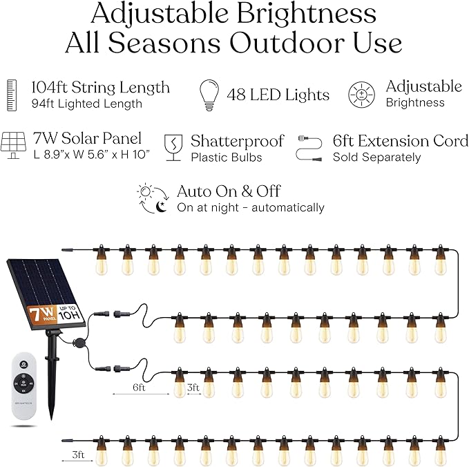 Brightech Solar String Lights with 48 Hanging Edison Bulbs and Brightness Controls with Remote 7W-104 3000K