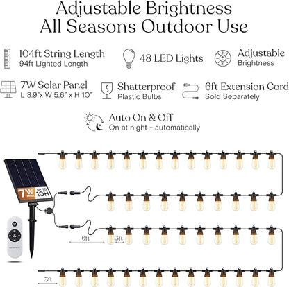Brightech Solar String Lights with 48 Hanging Edison Bulbs and Brightness Controls with Remote 7W-104 3000K
