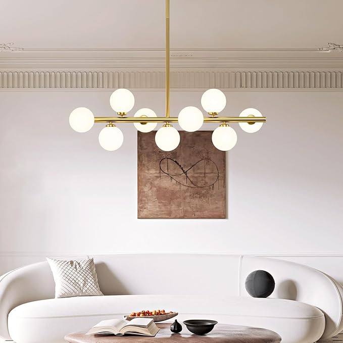 Mid Century Modern Sputnik Chandeliers: 9-Light Linear Brass Gold Dining Room Light Fixture - 40" Long Milk White Glass Globe Modern Pendant Chandelier Lighting for Living Room Kitchen Island Table