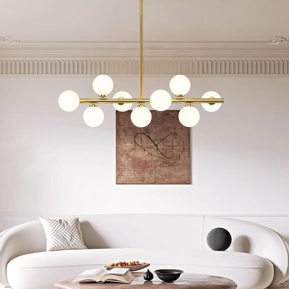 Mid Century Modern Sputnik Chandeliers: 9-Light Linear Brass Gold Dining Room Light Fixture - 40" Long Milk White Glass Globe Modern Pendant Chandelier Lighting for Living Room Kitchen Island Table