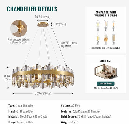 Siljoy Modern Crystal Chandelier 20 Lights Large Brushed Brass Gold Round Raindrop Chandelier Luxury 2-Tier K9 Crystal Pendant Ceiling Light for Dining Living Room Kitchen Foyer D39.4''