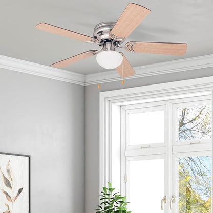 Prominence Home Alvina 42 Inch Traditional Flush Mount Ceiling Fan with Light, Pull Chain, Dual Finish Blades, Reversible Motor, Brushed Nickel