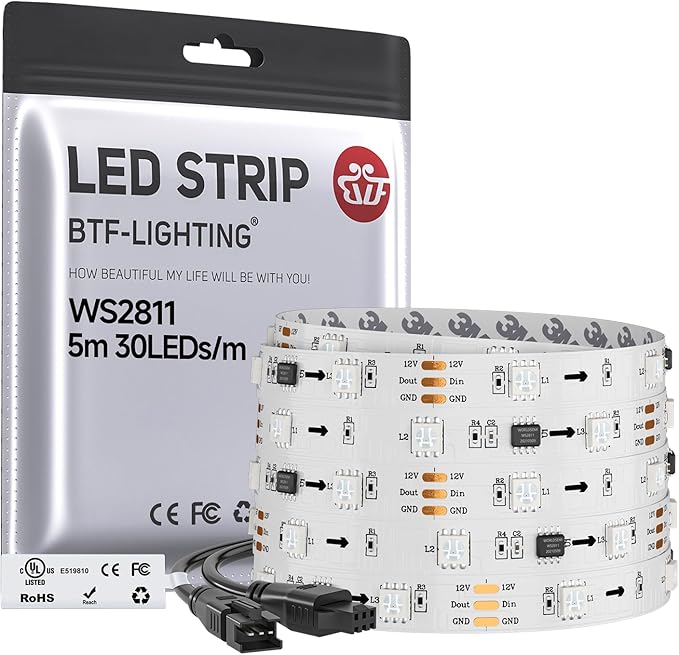 BTF-LIGHTING WS2811 IC=RGB+IC Addressable Color RGB LED Strip,16.4FT 30LED/m 10Pixels/m,IP30 White PCB,UL Listed,Flexible DC12V Chasing Effect for Indoor Home Decor,3M Tape(No Adapter or Controller)