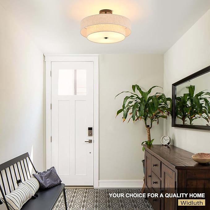 Modern Semi Flush Mount Ceiling Light 18" Modern 3-Lights Black Drum Ceiling Lighting Fixture with Linen Shade Vintage Ceiling Lamp for Kitchen, Basement, Laundry Room, Bedroom