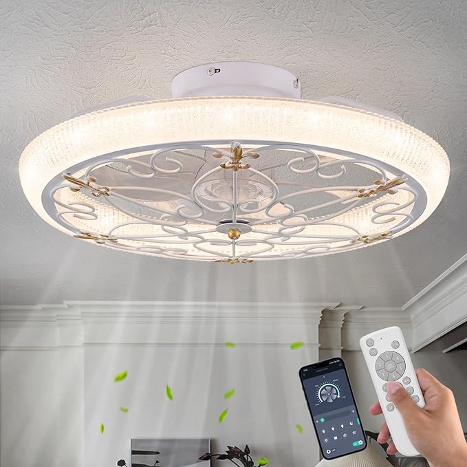 20" White Caged Ceiling Fan with Lights Remote Control with Crystal Sand Lampshade, Rustic Industrial Ceiling Fan with Light for Kitchen Bedroom Living Room