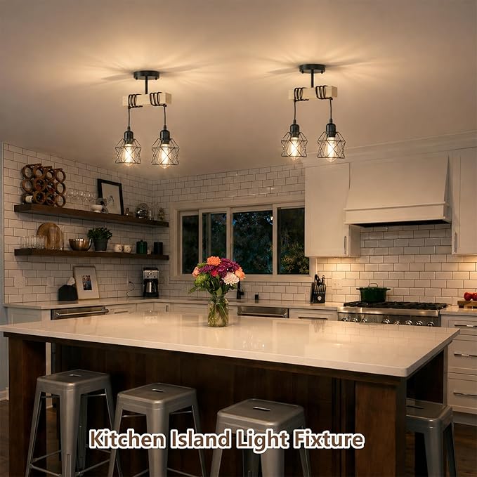 2 Light Farmhouse Ceiling Light,Pendant Light Kitchen Island,Dining Room Chandelier Light Fixture Over Table,Rustic Hanging Light for Kithen,Dining Room,Real Wood,Black Metal Cage