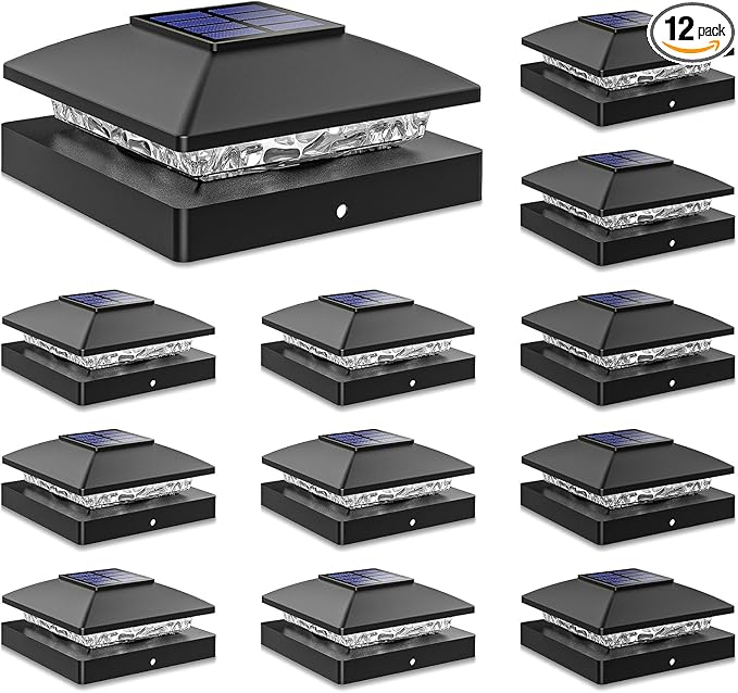 Solar Post Cap Lights Outdoor 12pack, Black Waterproof Solar Powered Deck Fence Post Lights Fit 4x4 Wood/Vinyl Posts, Bright Warm White Solar Post Lights Decorate Deck, Patio, Porch, Fence