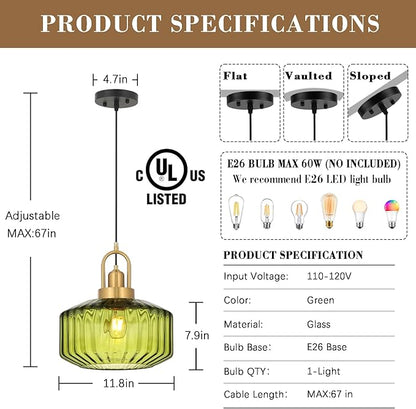 11.8in Mid Century Modern Green Glass Pendant Light Fixture, Large Gold Kitchen Island Pendants Light Glass Ceiling Hanging Lamp for Foyer Dining Room Bedroom Entryway Hallway Over Sink