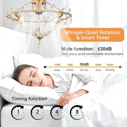 Ganeed 23.6 Inch Gold Crystal Fandelier Ceiling Fan with Light, Chandelier Ceiling Fan with Lights Remote Control, Modern Crystal Fandelier 6 Speeds for Girl's Bedroom Nursery Living Room Kitchen