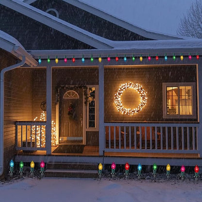 Abeja C9 Christmas Pathway Light Outdoor, 38Ft Multicolor Bulbs Christmas Pathway Lights with 25Stakes, Connectable Weatherproof Walkway Lights for Yard Lawn Sidewalk Garden Xmas Holiday Decor