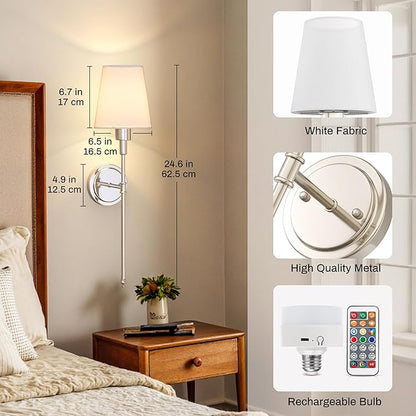 DORESshop Battery Operated Wall Sconce Set of 2, Wireless Wall Light Easy to Install, 7 Color Rechargeable Wall Sconces, Sconce Wall Decor Set of 2 for Bedroom, Living Room, Nickel, 24.6in