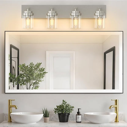 IZORRO Bathroom Vanity Light Fixture, 4-Light 30 Inch Brushed Nickel Bathroom Light Fixtures Over Mirror, with Clear Glass Shade, Modern Farmhouse Vanity Lights, Rustic Restroom Lighting Fixtures