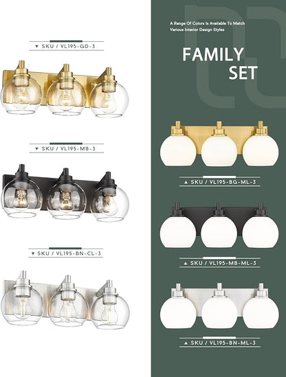 Bathroom Light Fixtures, 3-Light Matte Black Vanity Light, Modern Wall Sconces with Milk White Globe Glass Shade, Vanity Lighting Fixtures Over Mirror, VL195-MB-ML-3