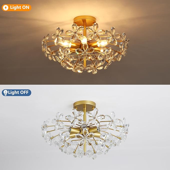 Gold Flower Crystal Ceiling Light 18'' Vintage Semi Flush Mount Light Fixture 6-Light Farmhouse Chandelier for Dining Room, Living Room, Kitchen, Bedroom, Entryway, E12 Base (AJ9010)