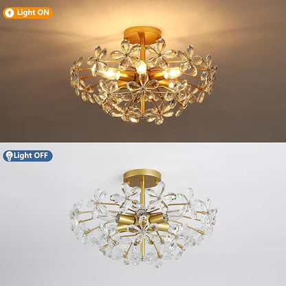 Gold Flower Crystal Ceiling Light 18'' Vintage Semi Flush Mount Light Fixture 6-Light Farmhouse Chandelier for Dining Room, Living Room, Kitchen, Bedroom, Entryway, E12 Base (AJ9010)