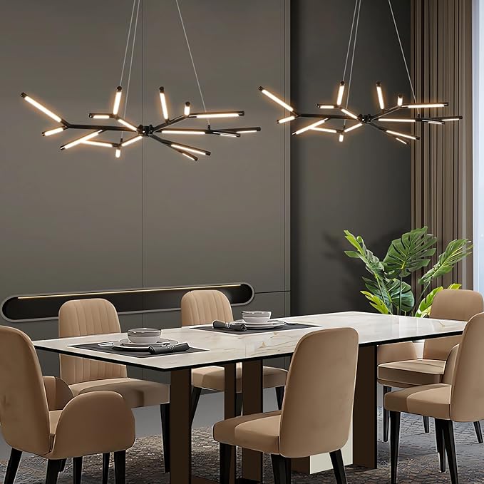 Modern LED Linear Chandelier,Black Mid Century Modern Pendant Light,Adjustable Height Branch Style Chandelier for Dining Room,Kitchen Island,Living Room,Staircase,Easy to Install
