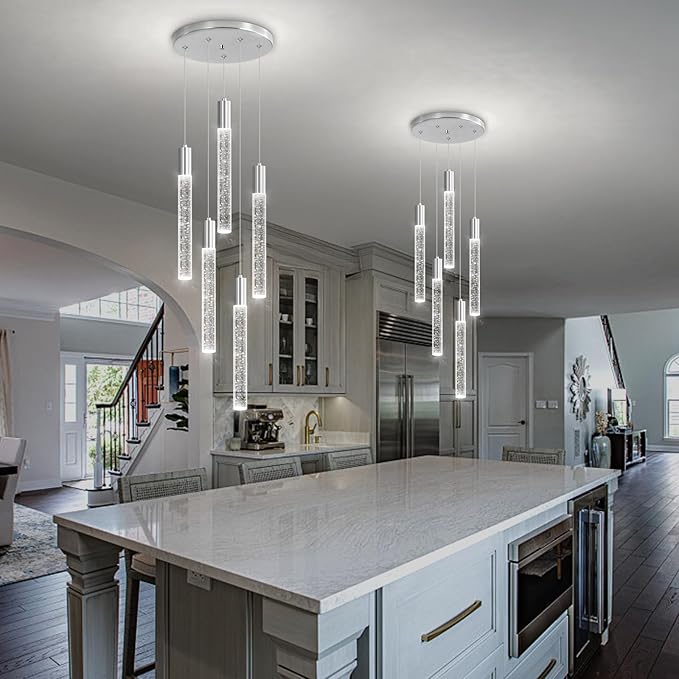 HAIXIANG 5-Lights Chandelier Modern Crystal Glam Light Remote Dimmable Pendant Lighting for Kitchen Island Dining Room Shiny Silver Light