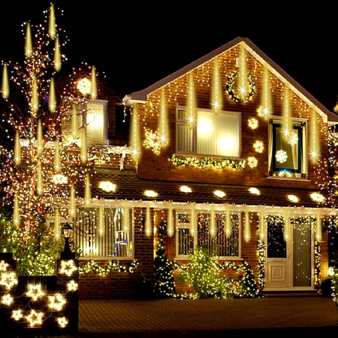 Adecorty Christmas Lights Outdoor, UL Certified Falling Rain Drop Light 8 Tubes 192 LED Meteor Shower Snow Dripping Icicle Lights for Xmas Tree Christmas Decorations Holiday Party, Warm White