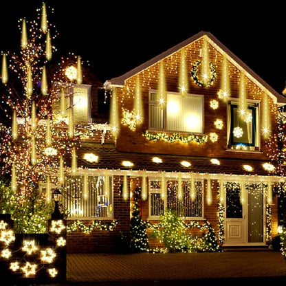 Adecorty Christmas Lights Outdoor, UL Certified Falling Rain Drop Light 8 Tubes 192 LED Meteor Shower Snow Dripping Icicle Lights for Xmas Tree Christmas Decorations Holiday Party, Warm White
