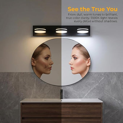 3-Light Bathroom Vanity Light Over Mirror, (24inch Dimmable) Matte Black LED Vanity Lighting Fixtures, Modern Bathroom Wall Light Fixtures with 360°Rotating Lamp Head (Cool White 5500K)