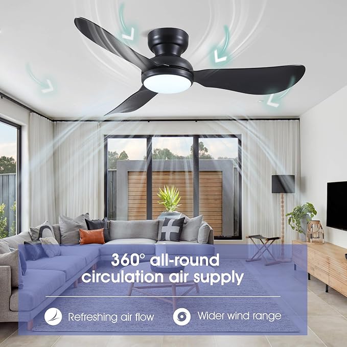 Kviflon 46 Inch Modern Ceiling Fans with Lights, Small Flush Mount Ceiling Fan with Light and Remote/APP Control, 3 Reversible Curved Blades, 6 Speeds, 3 CCT Dimmable Lights for Bedroom, Black