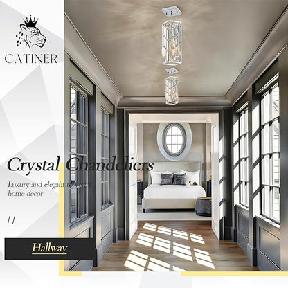 CATINER Chrome Crystal Pendant Light, Mini Hanging Pendant Lighting Fixture with Adjustable Cord, Modern Silver Pendant Light for Kitchen Island, Dining Room, Bedroom, Hallway, E26 Base (1 Pack)