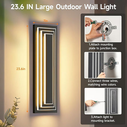 23.6 in Long Outdoor Wall Lights,3-Tier Large Exterior Lighting Fixtures,LED Front Porch Lights,Waterproof Outdoor Garage Lights,3000K Warm White Modern Acrylic Wall Sconce,36W,2 Packs
