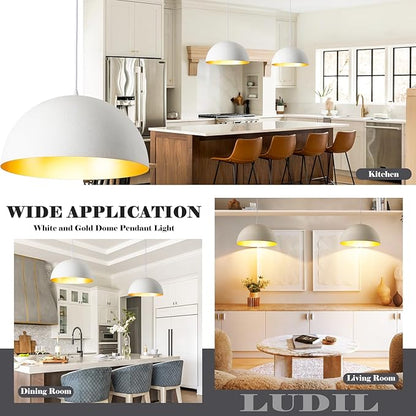 16” Large Dome Pendant Light Fixtures, White and Gold Hemispheric Pendant Lights Kitchen Island, Modern Adjustable Hanging Ceiling Light Chandelier for Kitchen Island Living Room Dining Room, 2 Pack