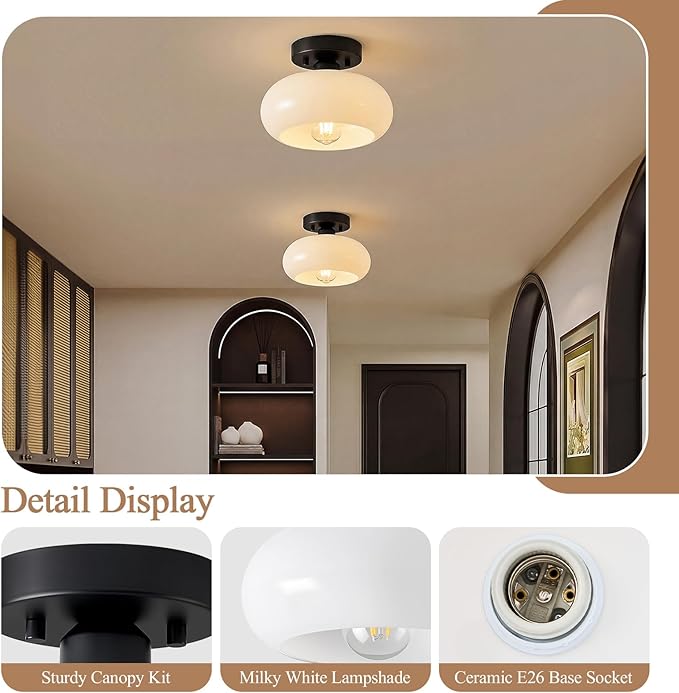 Mid-Century Modern Black Semi Flush Mount Ceiling Light,White Glass Dome Hallway Lighting Fixtures, Metal Close to Ceiling Lamp for Entryway Bathroom Kitchen Bedroom Porch Foyer Office(8.66 Inch)