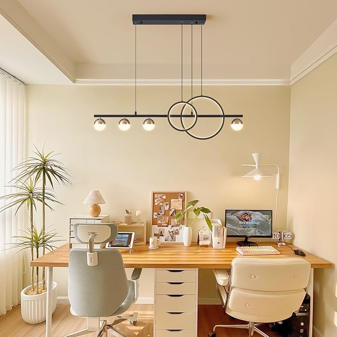 ORANOOR Modern Black Gold Chandeliers for Dining Room, Dimmable LED Chandelier Linear Pendant Light for Kitchen Island, 39in Globe Haning Pendant Chandelier Lighitng with Remote (2 Rings, 3000lm)