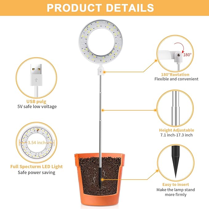 Grow Light for Indoor Plants Growing, 4000K Full Spectrum Halo Plant Lamp for Seedlings Succulents Small Mini Plants, 3 Colors Spectrum Changeable & Auto On Off Timer 4/8/12/18Hrs (2 Pack)