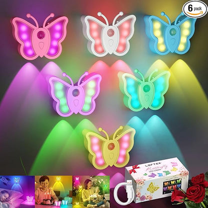 LOFTEK Rechargeable Motion Sensor Light, 2 Color Modes, Dimmable RGB Ambient Lighting, Cute Butterfly Design for Kid's Bedroom, Bathroom, Hallway, Tent & Stairs - Ideal Home Decor & Gift, 6 Pack
