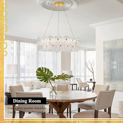 30" Luxury Glass LED Chandelier Modern Gold Dimmable 3000-6500K Large Lotus Leaf Chandeliers Light with Remote Control Contemporary for High Ceiling Living Dining Room Foyer Kitchen Entryway