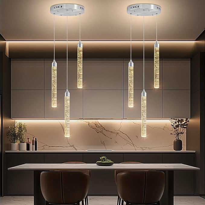 Crystal Kitchen Island Chandelier, Modern Chrome Spiral Dimmable LED Cluster Raindrop Foyer Chandelier Lighting, Bubble Dining Room Hanging Light Fixture 3 Light Remote Control