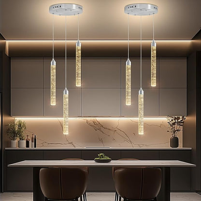 Crystal Kitchen Island Chandelier, Modern Chrome Spiral Dimmable LED Cluster Raindrop Foyer Chandelier Lighting, Bubble Dining Room Hanging Light Fixture 3 Light Remote Control